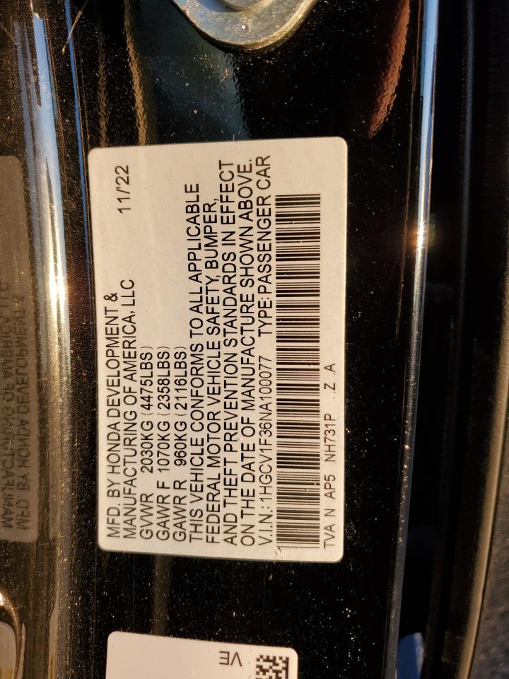 2022 Honda Accord Sport VIN: 1HGCV1F36NA100077 Lot: 93239655