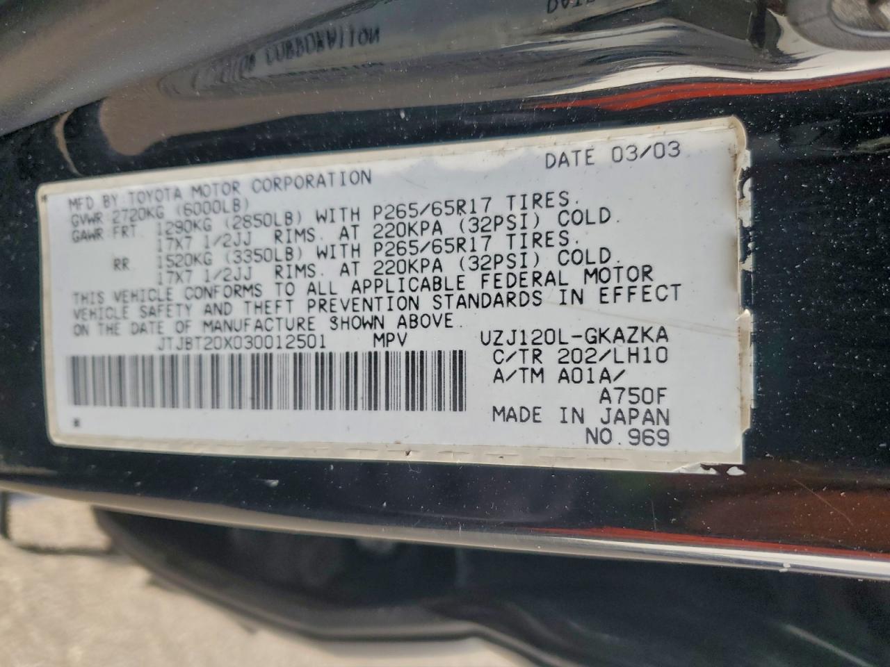 2003 Lexus Gx 470 VIN: JTJBT20X030012501 Lot: 93396115