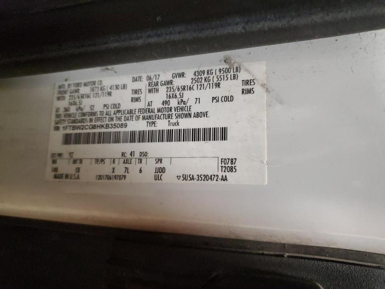 2017 Ford Transit T-350 Utility / Service Van VIN: 1FTBW2CG8HKB35089 Lot: 92247735