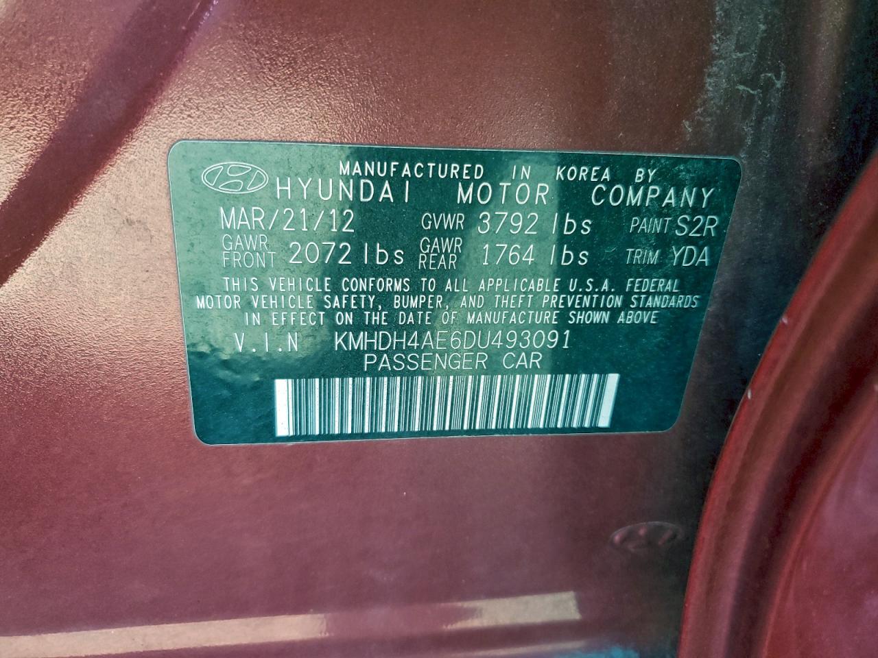 2013 Hyundai Elantra Gls VIN: KMHDH4AE6DU493091 Lot: 93783025