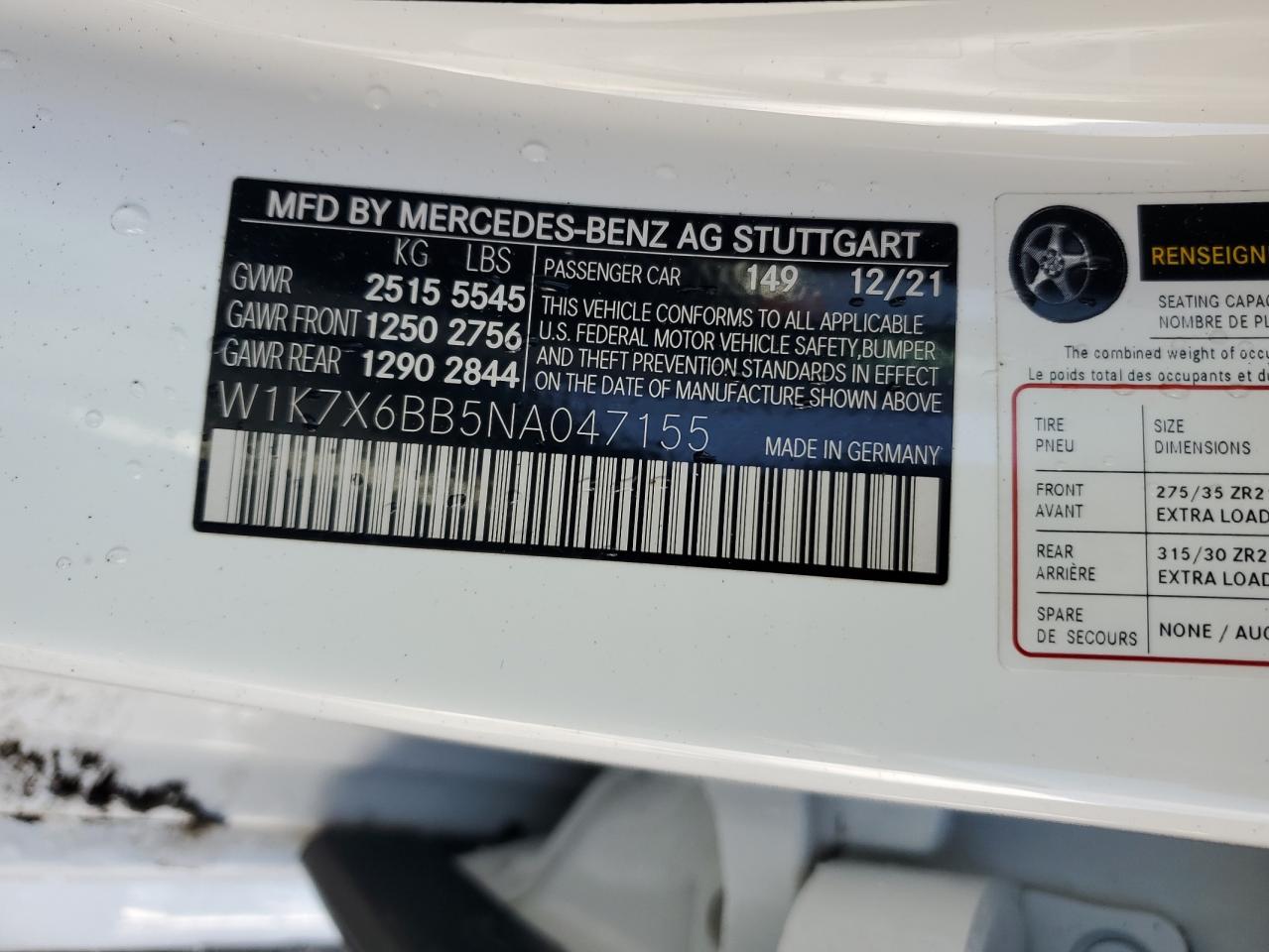 2022 Mercedes-Benz Amg Gt 53 VIN: W1K7X6BB5NA047155 Lot: 92428315