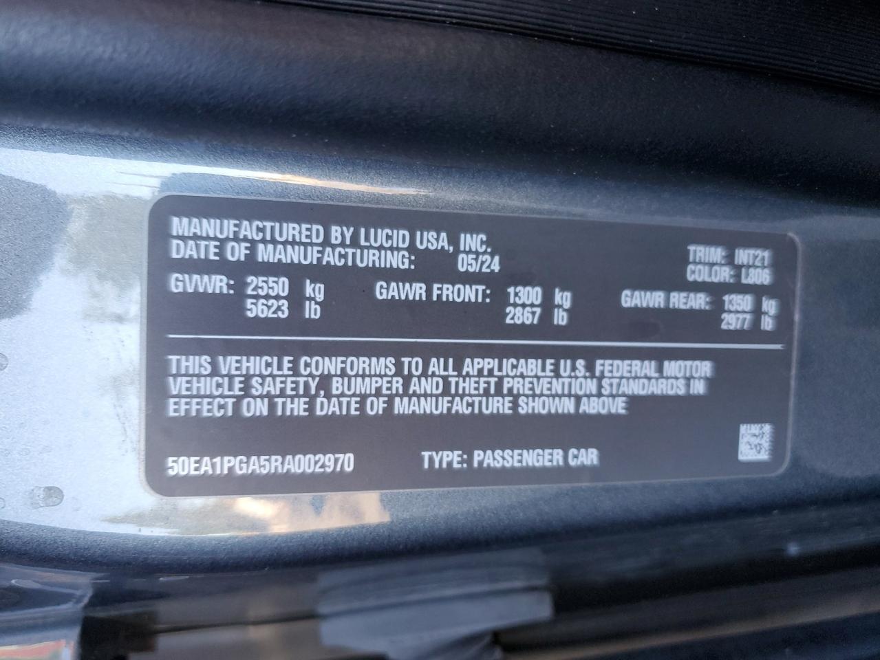 2024 Lucid Motors Air Pure VIN: 50EA1PGA5RA002970 Lot: 92046255