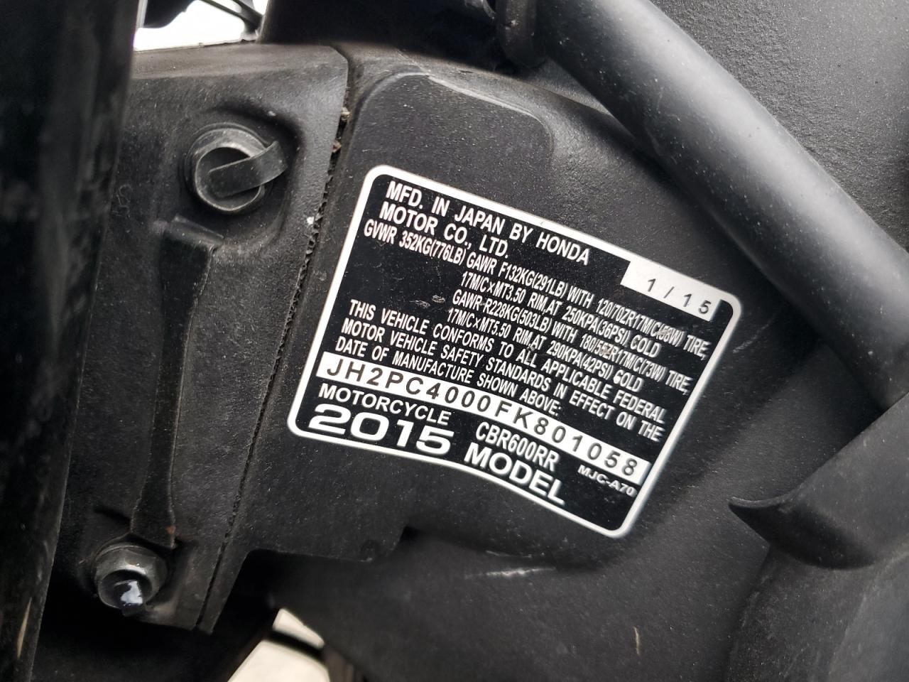 2015 Honda Cbr600 Rr VIN: JH2PC4000FK801058 Lot: 93108315