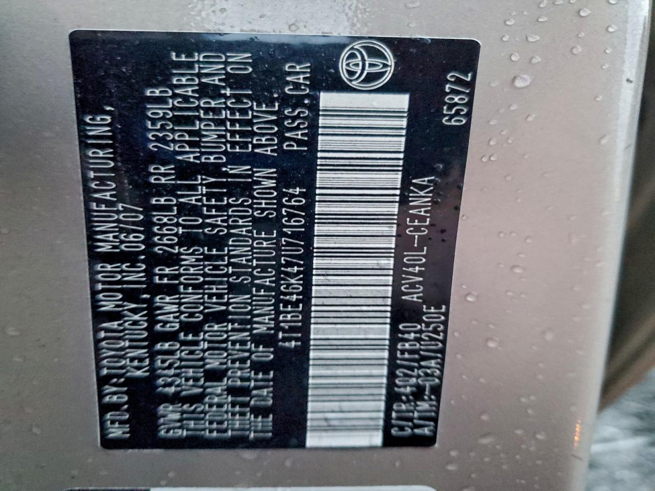 2007 Toyota Camry Ce VIN: 4T1BE46K47U716764 Lot: 94577045