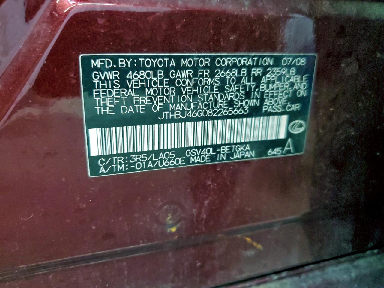 2008 Lexus Es 350 VIN: JTHBJ46G082265663 Lot: 94109975