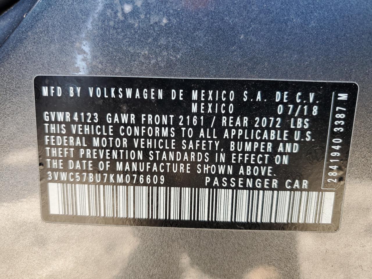 2019 Volkswagen Jetta S VIN: 3VWC57BU7KM076609 Lot: 91064635