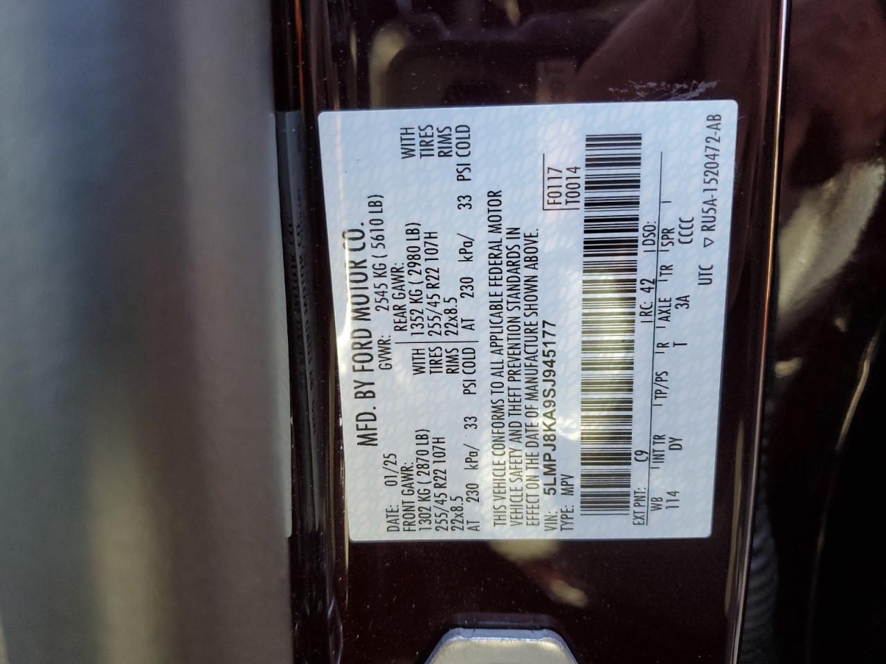 2025 Lincoln Nautilus Reserve VIN: 5LMPJ8KA9SJ945177 Lot: 93000275