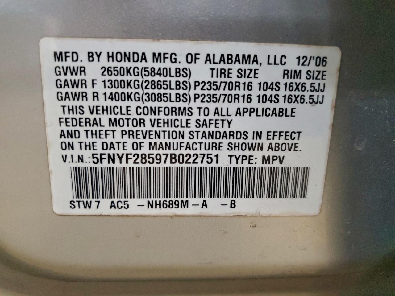2007 Honda Pilot Exl VIN: 5FNYF28597B022751 Lot: 94241815