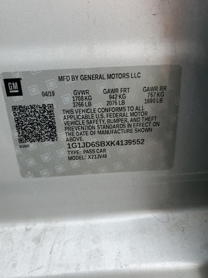 2019 Chevrolet Sonic Lt VIN: 1G1JD6SBXK4139552 Lot: 92464635