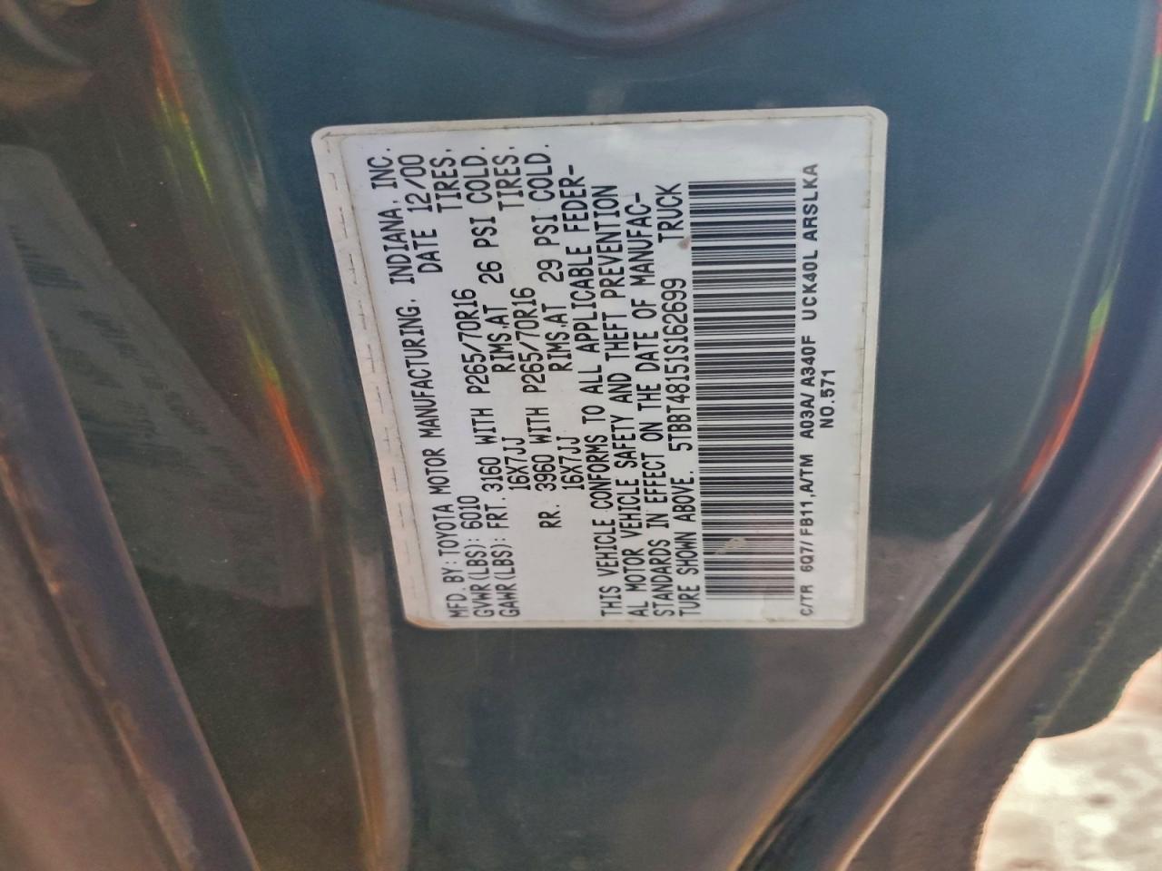 2001 Toyota Tundra Access Cab Limited VIN: 5TBBT48151S162699 Lot: 91017535