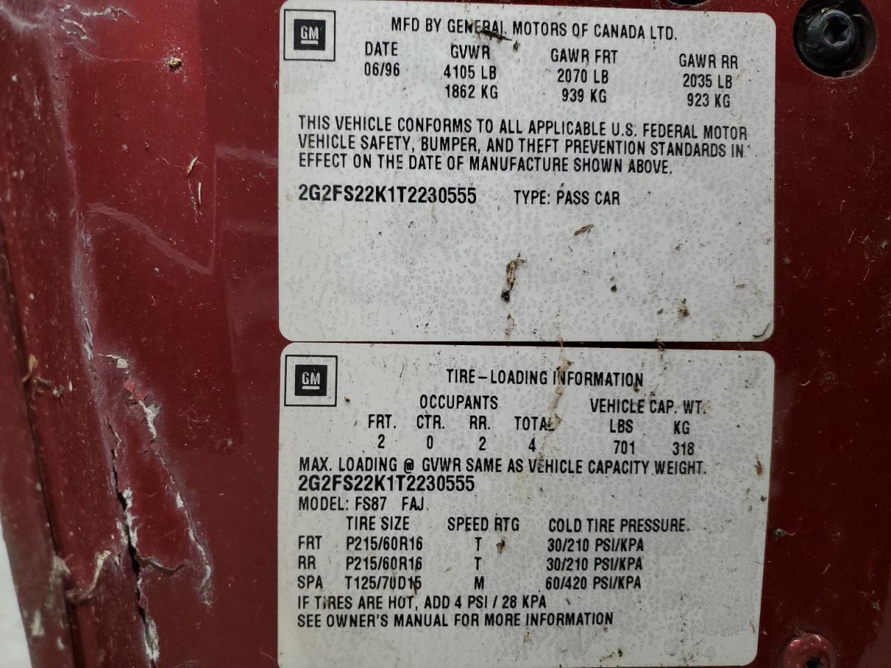 1996 Pontiac Firebird VIN: 2G2FS22K1T2230555 Lot: 90956835