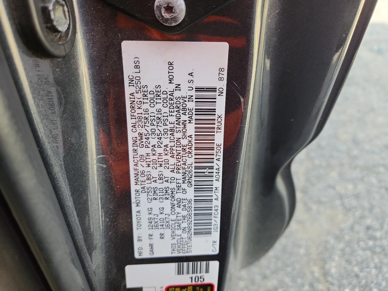 2009 Toyota Tacoma Prerunner Access Cab VIN: 5TETU62N89Z665836 Lot: 90618825