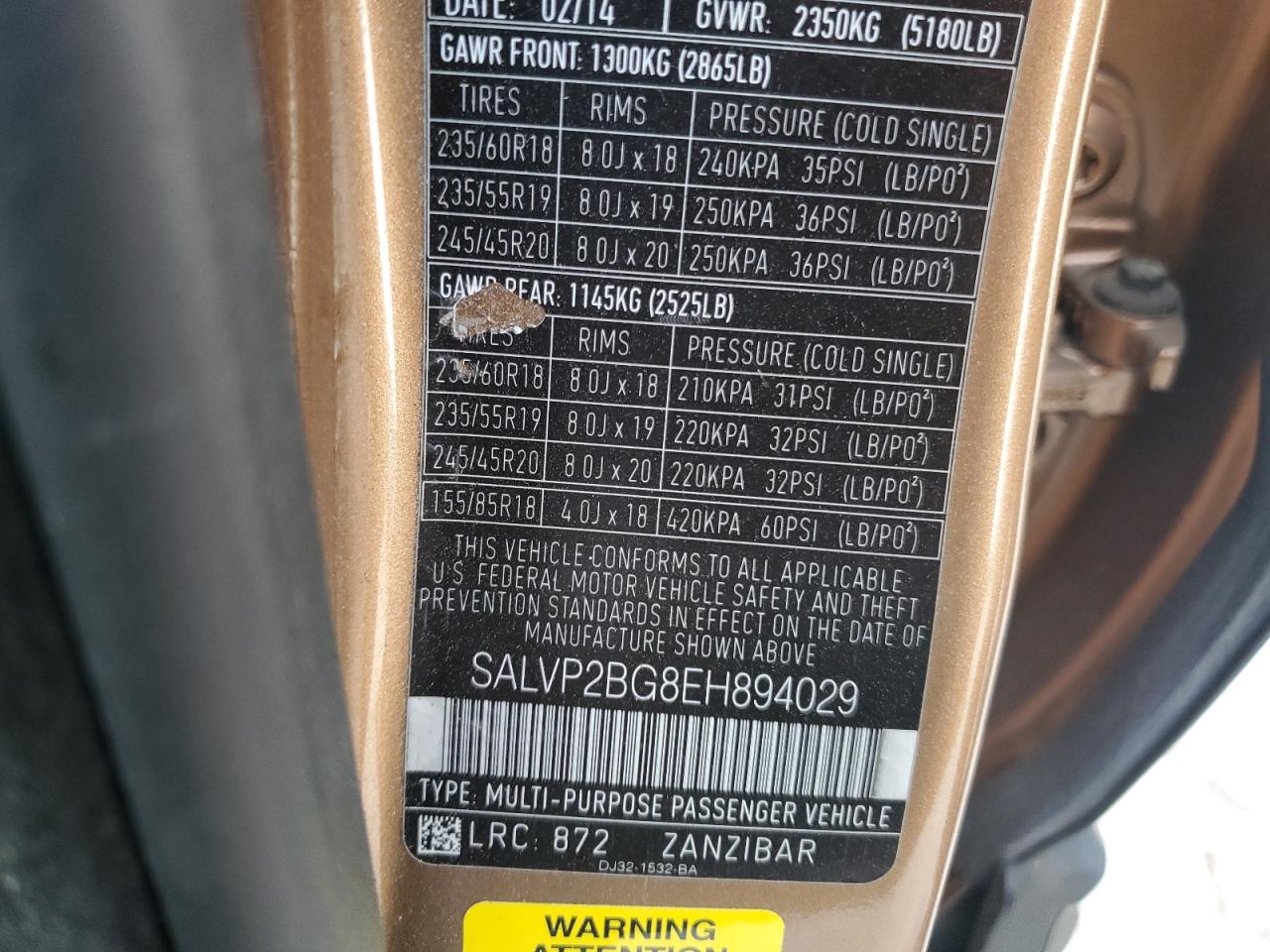 2014 Land Rover Range Rover Evoque Pure Plus VIN: SALVP2BG8EH894029 Lot: 91863745