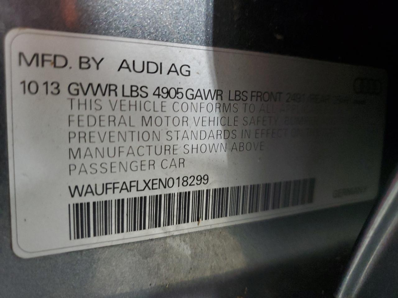 2014 Audi A4 Premium Plus VIN: WAUFFAFLXEN018299 Lot: 91945205