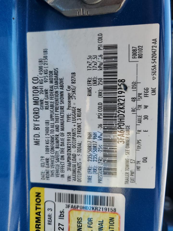 2019 Ford Fusion Se VIN: 3FA6P0HD2KR219158 Lot: 92860895