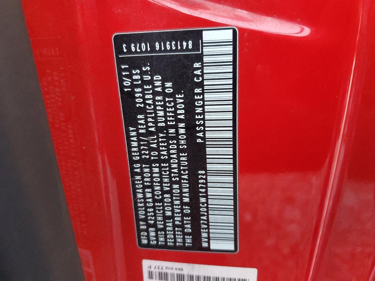 2012 Volkswagen Gti VIN: WVWEV7AJ0CW147928 Lot: 93197185