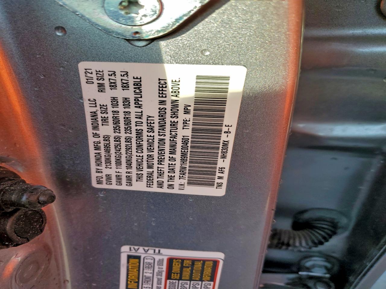 2021 Honda Cr-V Exl VIN: 7FARW1H89ME004601 Lot: 93832825