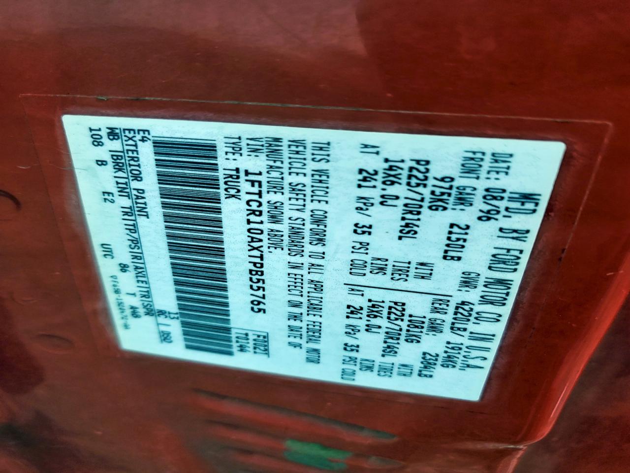 1996 Ford Ranger VIN: 1FTCR10AXTPB55765 Lot: 94142655