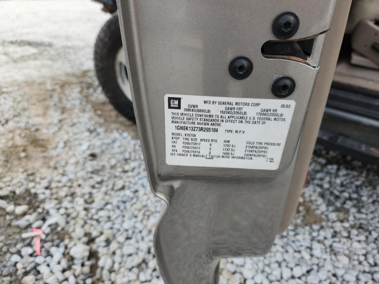 2003 Chevrolet Tahoe K1500 VIN: 1GNEK13Z73R295184 Lot: 93504995