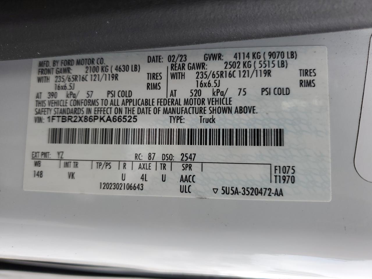 2023 Ford Transit 250 Delivery Van VIN: 1FTBR2X86PKA66525 Lot: 90907145