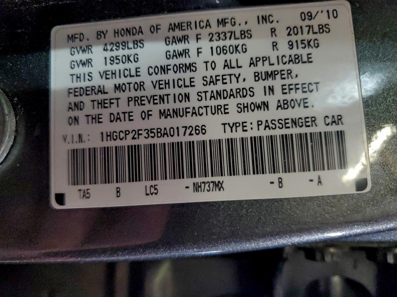 2011 Honda Accord Lx VIN: 1HGCP2F35BA017266 Lot: 94154255