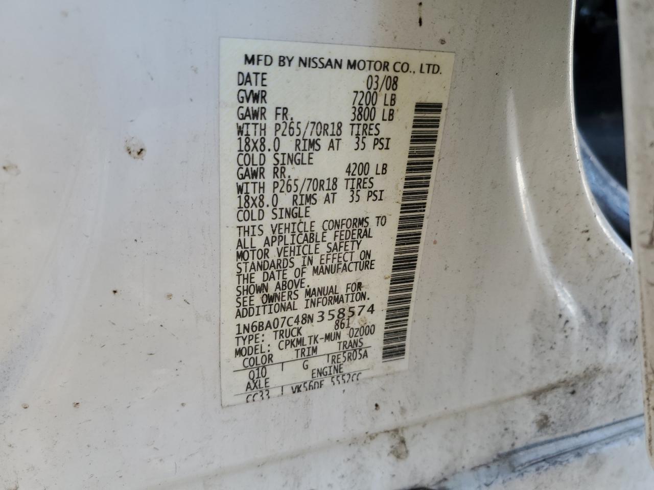 2008 Nissan Titan Xe VIN: 1N6BA07C48N358574 Lot: 93731995