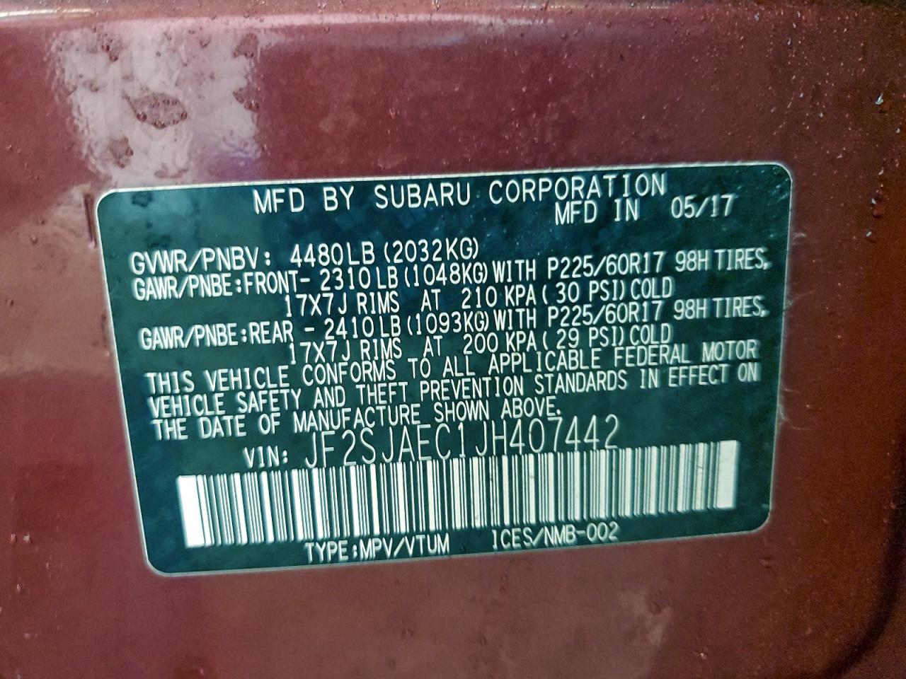 2018 Subaru Forester 2.5I Premium VIN: JF2SJAEC1JH407442 Lot: 94462105