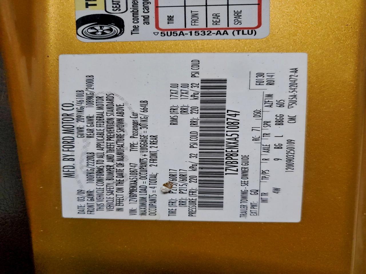 2010 Ford Mustang VIN: 1ZVBP8ENXA5108747 Lot: 93647325