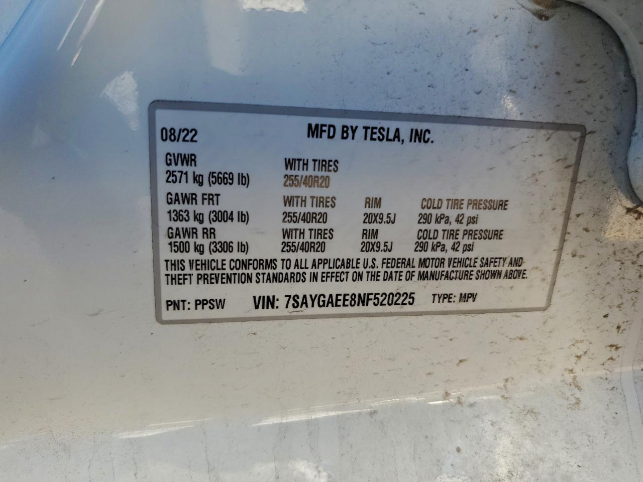 2022 Tesla Model Y VIN: 7SAYGAEE8NF520225 Lot: 93034495