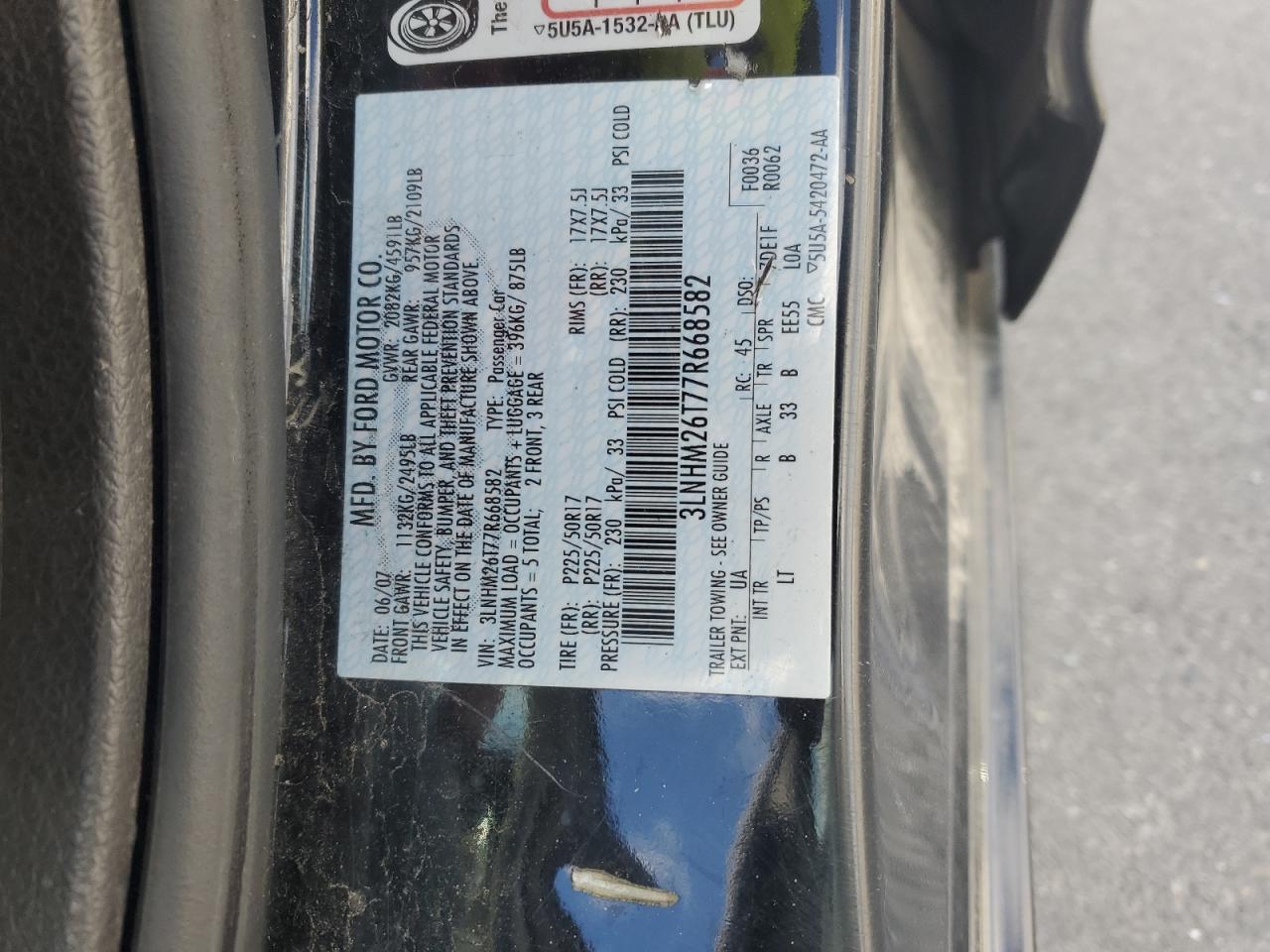 2007 Lincoln Mkz VIN: 3LNHM26T77R668582 Lot: 90908835