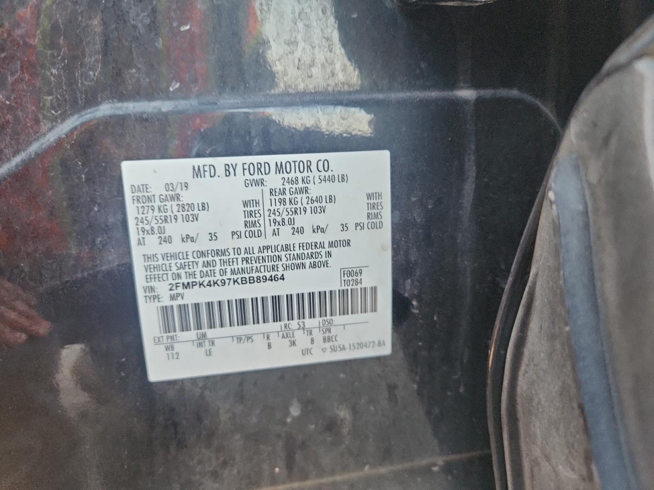 2019 Ford Edge Titanium VIN: 2FMPK4K97KBB89464 Lot: 90418985