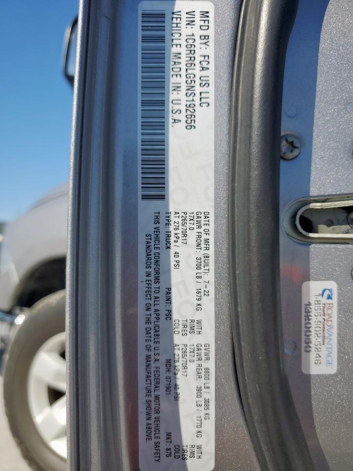 2022 Ram 1500 Classic Slt VIN: 1C6RR6LG5NS192656 Lot: 91343155