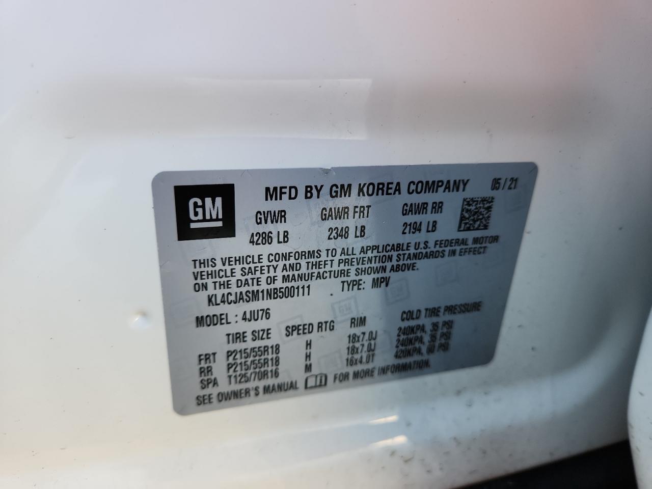 2022 Buick Encore Preferred VIN: KL4CJASM1NB500111 Lot: 91023805