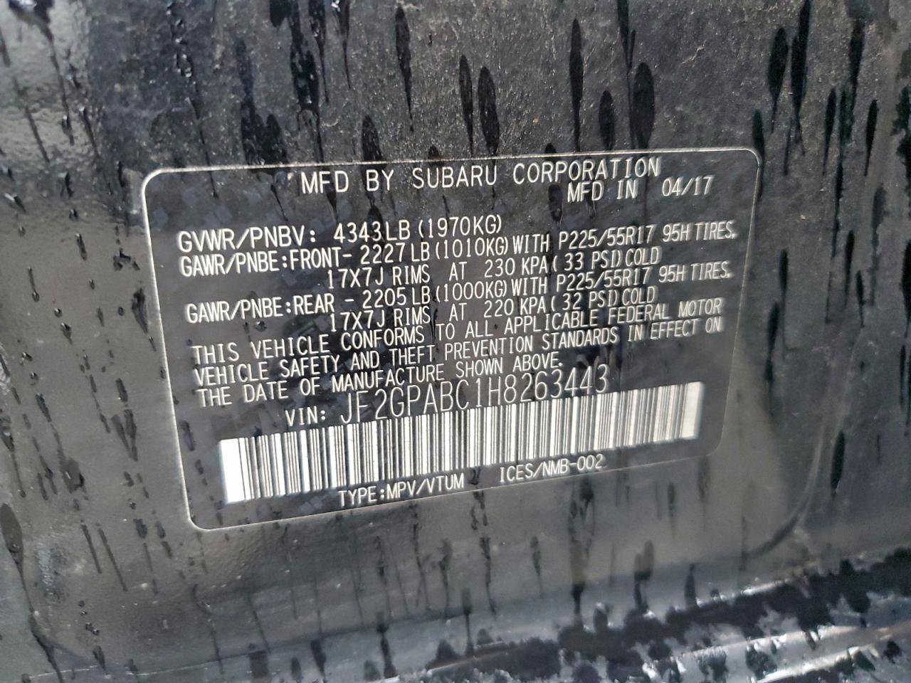 2017 Subaru Crosstrek Premium VIN: JF2GPABC1H8263443 Lot: 93639135