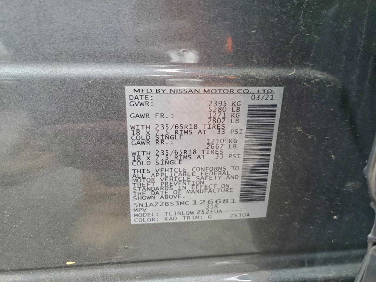 2021 Nissan Murano Sv VIN: 5N1AZ2BS3MC126681 Lot: 94421635