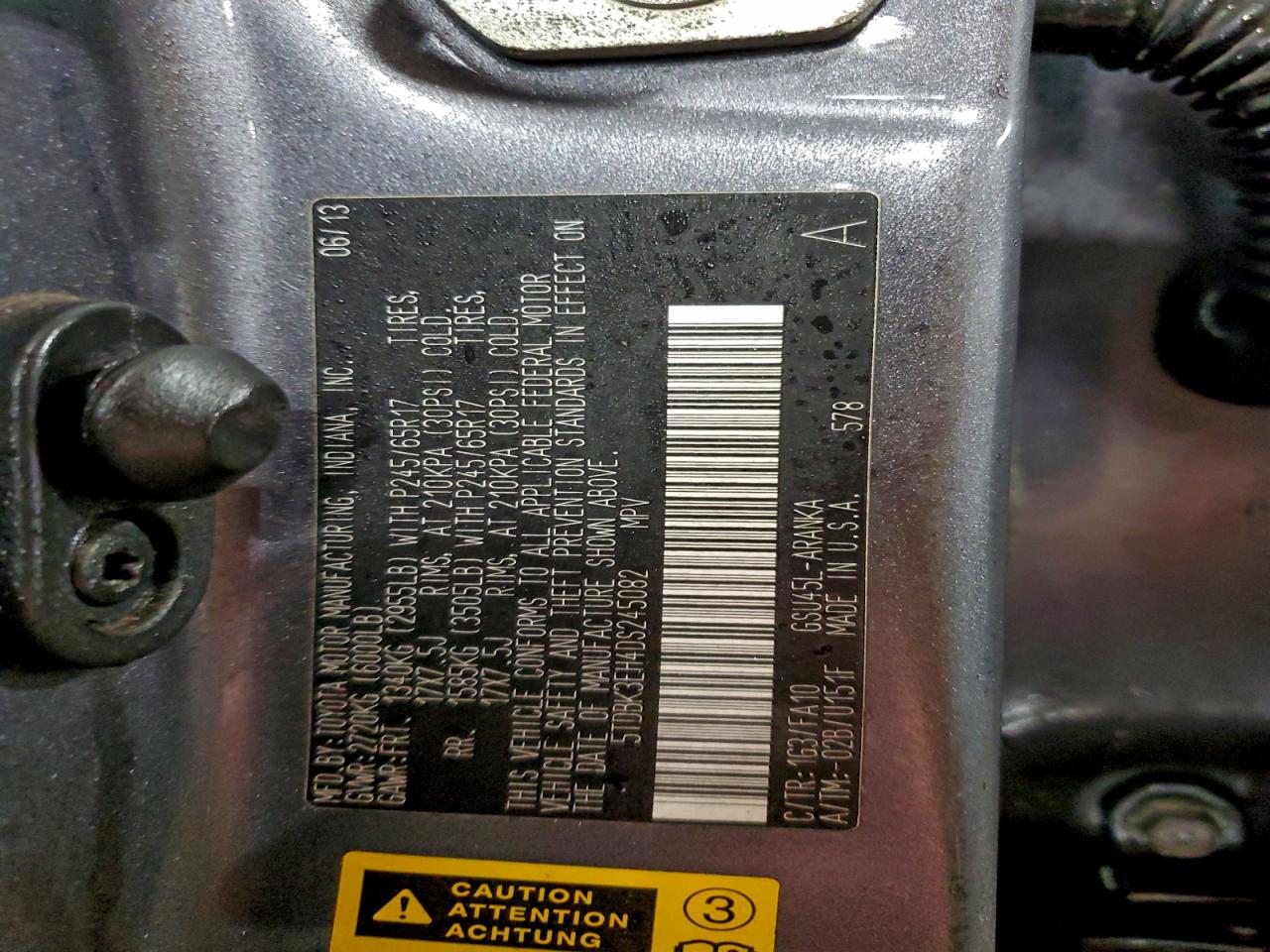 2013 Toyota Highlander Base VIN: 5TDBK3EH4DS245082 Lot: 93994955