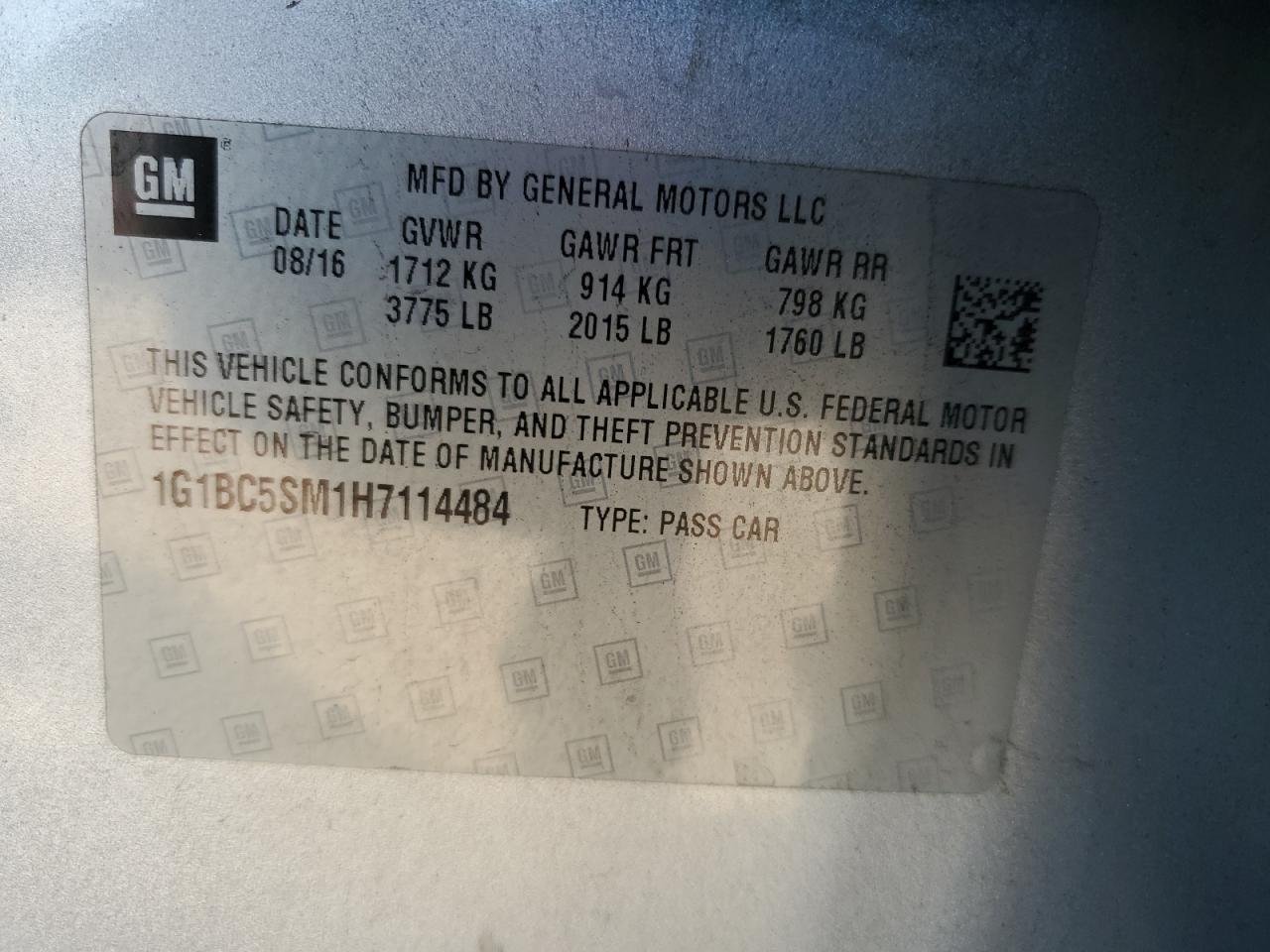 2017 Chevrolet Cruze Ls VIN: 1G1BC5SM1H7114484 Lot: 91451935