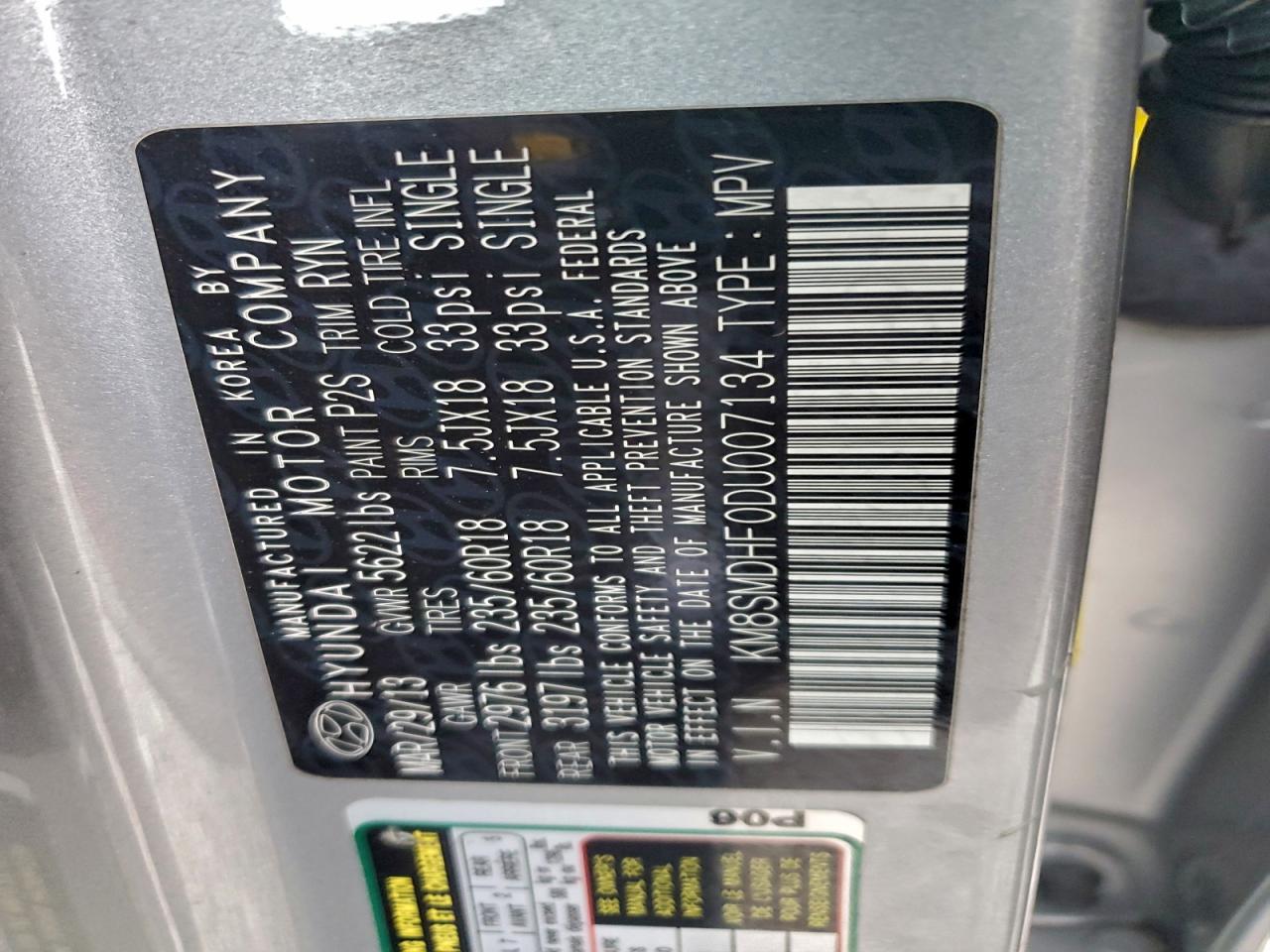 2013 Hyundai Santa Fe Gls VIN: KM8SMDHF0DU007134 Lot: 93632555