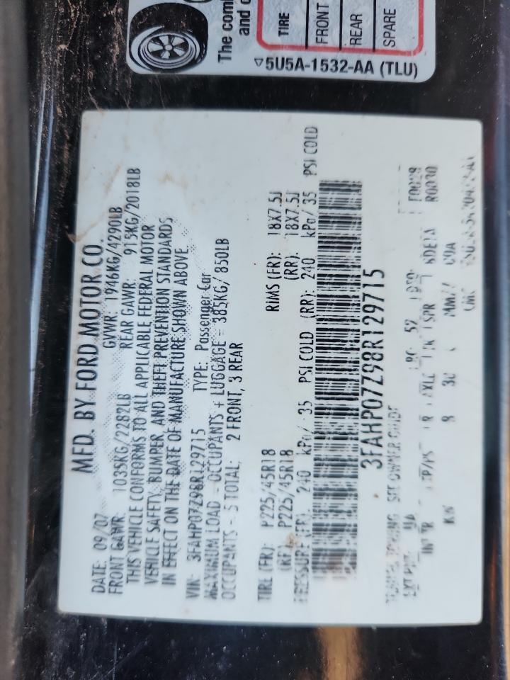 2008 Ford Fusion Se VIN: 3FAHP07Z98R129715 Lot: 92345205