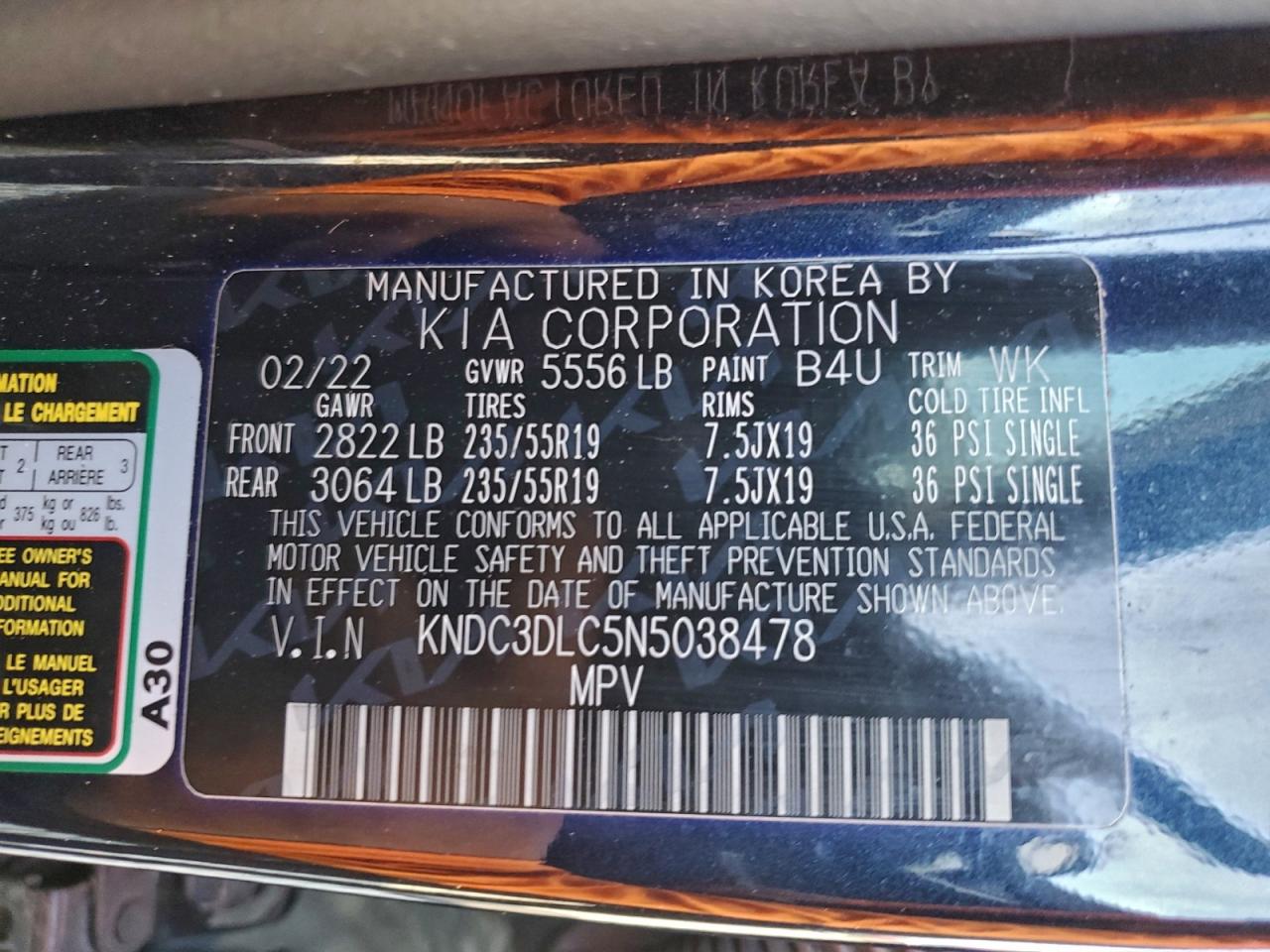 2022 Kia Ev6 Light VIN: KNDC3DLC5N5038478 Lot: 94360535