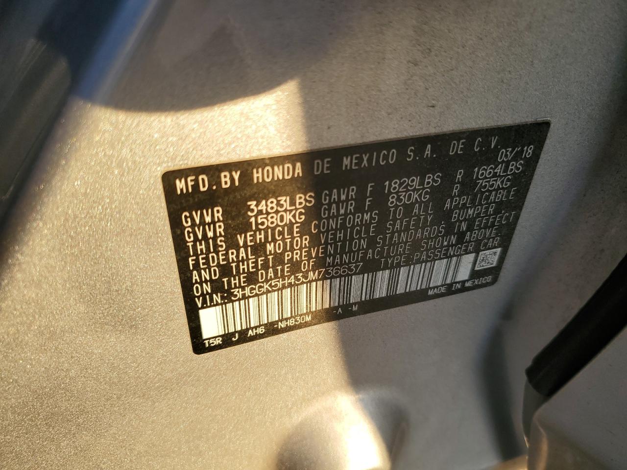 2018 Honda Fit Lx VIN: 3HGGK5H43JM736637 Lot: 91471025