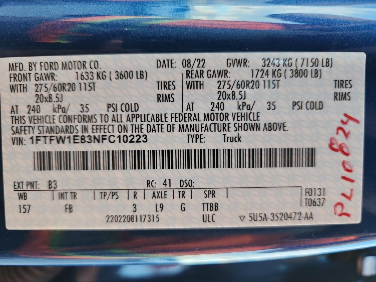 2022 Ford F150 Supercrew VIN: 1FTFW1E83NFC10223 Lot: 93127715