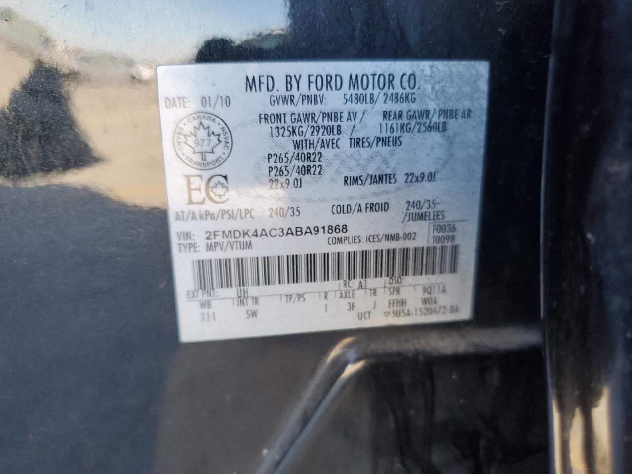 2010 Ford Edge Sport VIN: 2FMDK4AC3ABA91868 Lot: 92109705