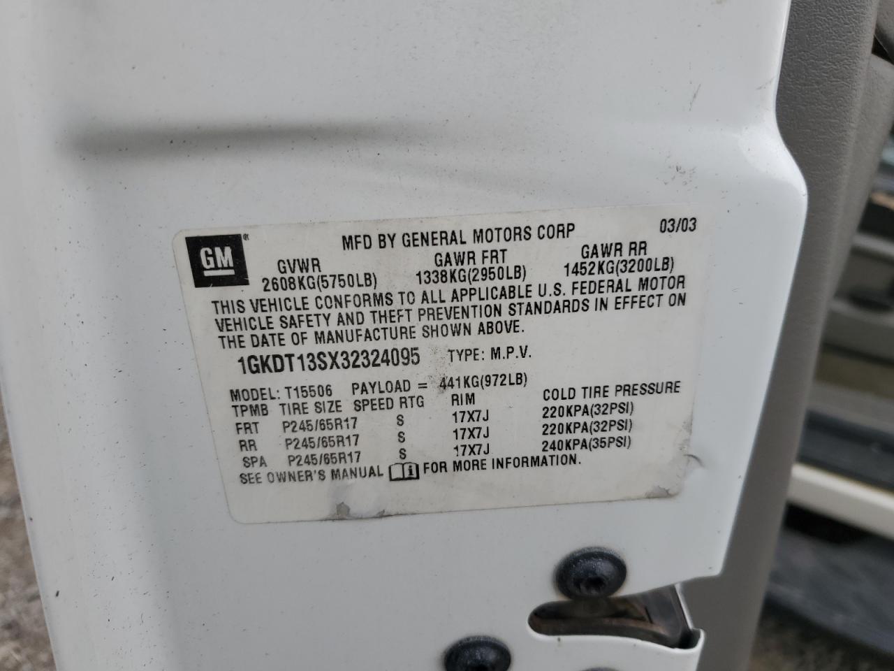 2003 GMC Envoy VIN: 1GKDT13SX32324095 Lot: 91772125