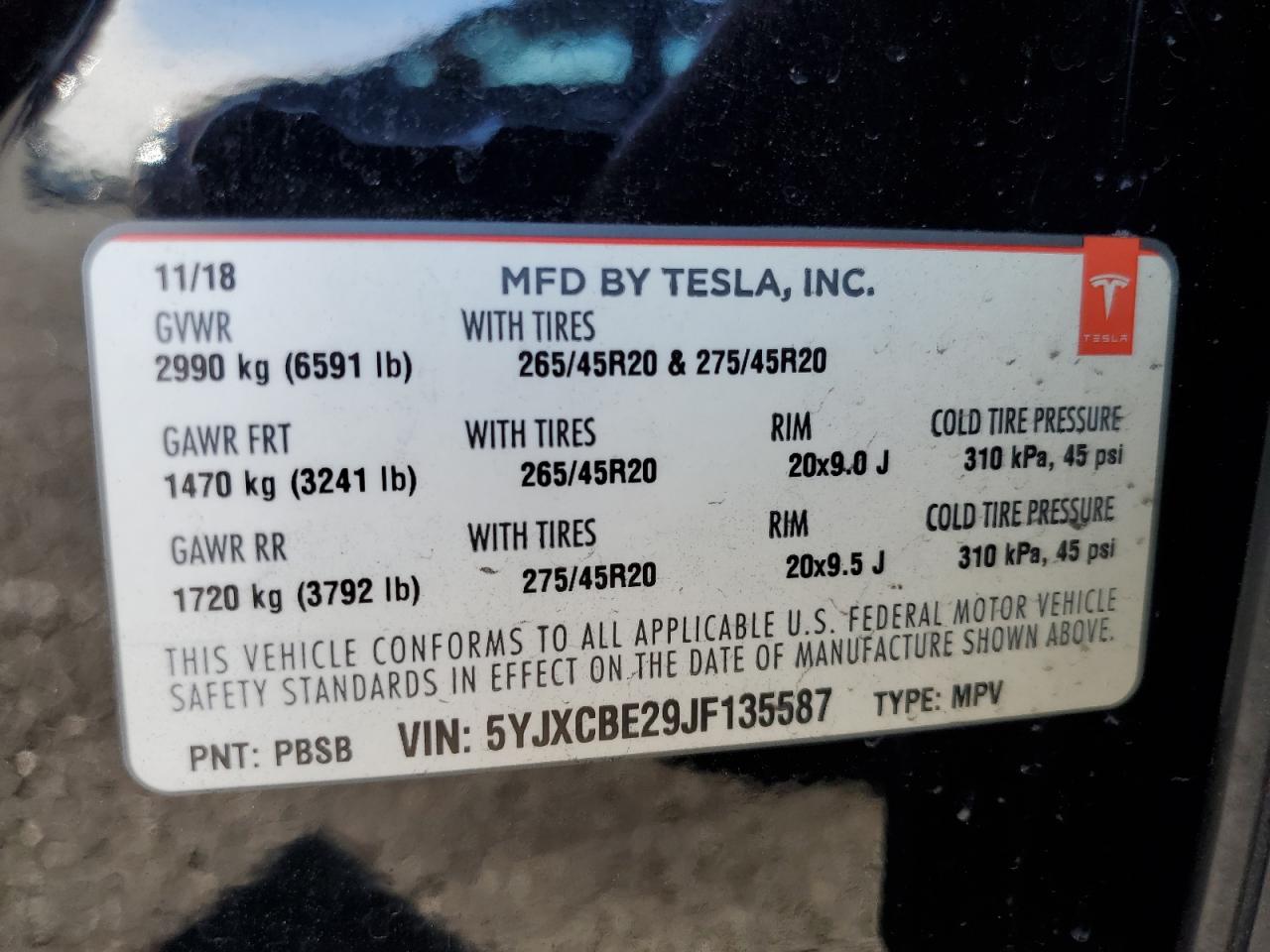 2018 Tesla Model X VIN: 5YJXCBE29JF135587 Lot: 92304075