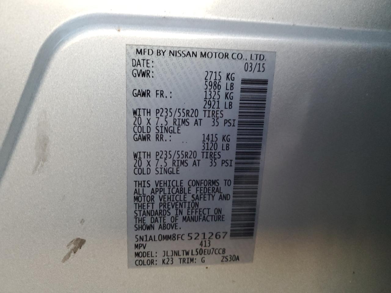 2015 Infiniti Qx60 VIN: 5N1AL0MM8FC521267 Lot: 91932445