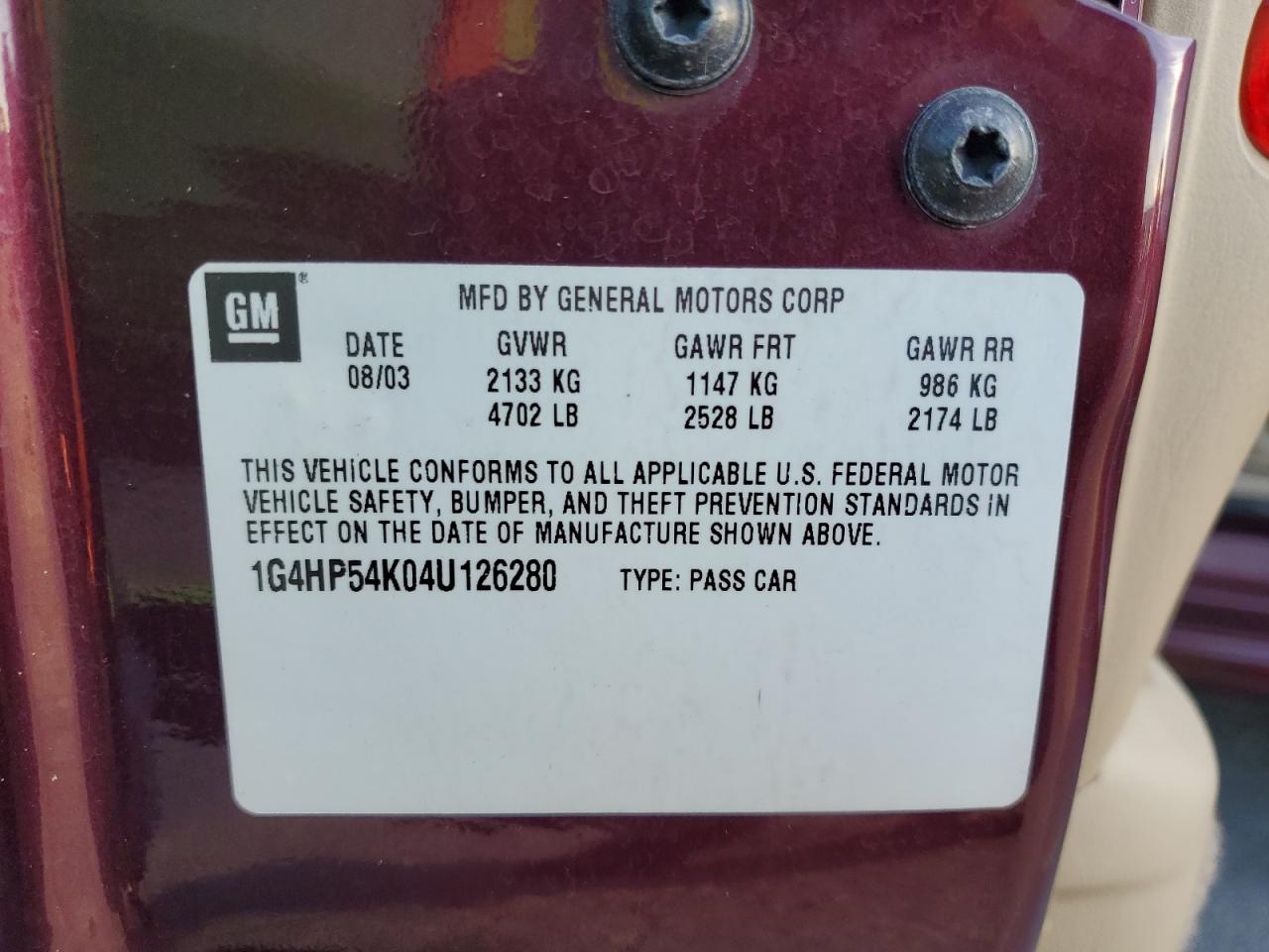 2004 Buick Lesabre Custom VIN: 1G4HP54K04U126280 Lot: 92070785