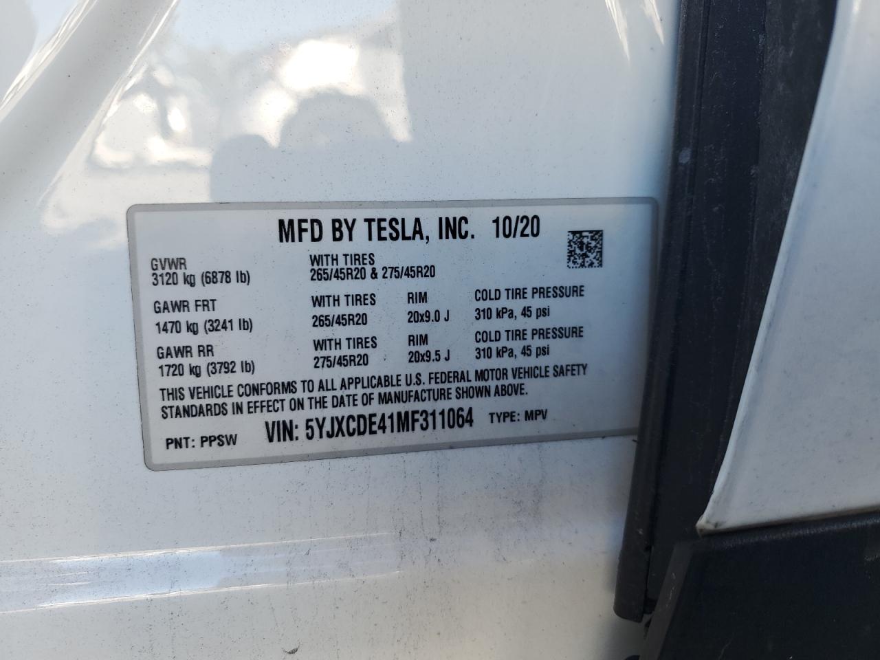 2021 Tesla Model X VIN: 5YJXCDE41MF311064 Lot: 90702725