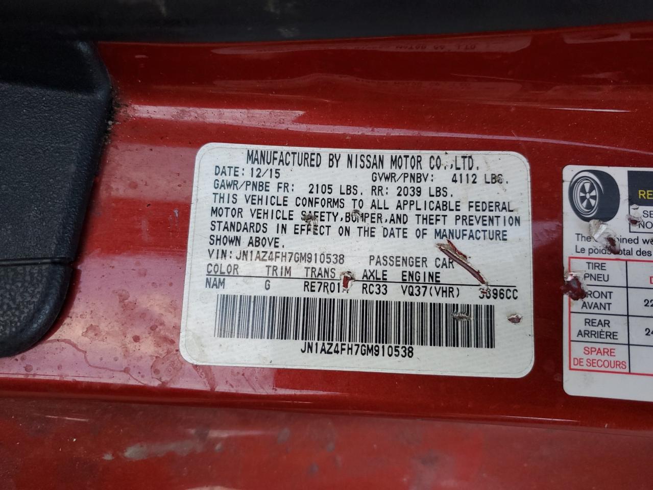 2016 Nissan 370Z Base VIN: JN1AZ4FH7GM910538 Lot: 92652275