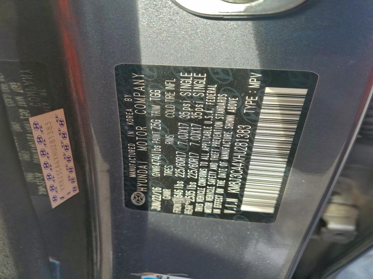 2017 Hyundai Tucson Limited VIN: KM8J3CA4XHU281383 Lot: 94382325